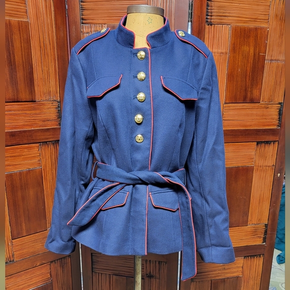 Woman's Banana Republic x Olivia Palermo Belted Military Jacket Navy w/ Red Trim - Picture 1 of 15